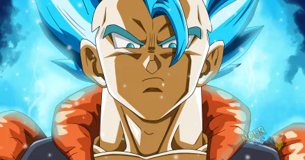 Gogeta from Dragon Ball Super in vibrant anime style, featured in a 4K Ultra HD PC desktop wallpaper with glowing blue energy and intense expression.