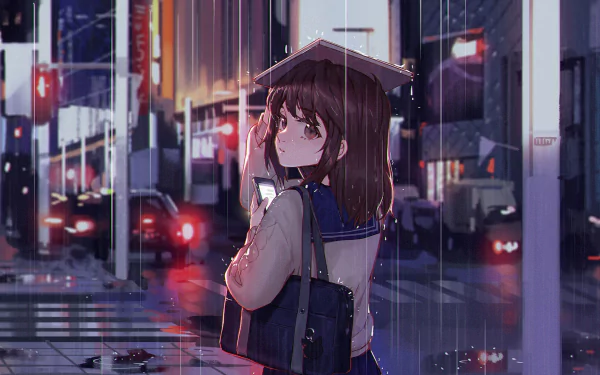 An anime girl with brown eyes and short brown hair stands in the rain, holding a smartphone and using a book as an umbrella. She has a bag over her shoulder. The HD wallpaper features a rainy city street.