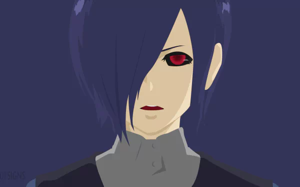 HD PC desktop wallpaper/background of Touka Kirishima from Tokyo Ghoul √A: anime portrait with short purple hair covering one eye, red eyes, pale skin and a dark collar.