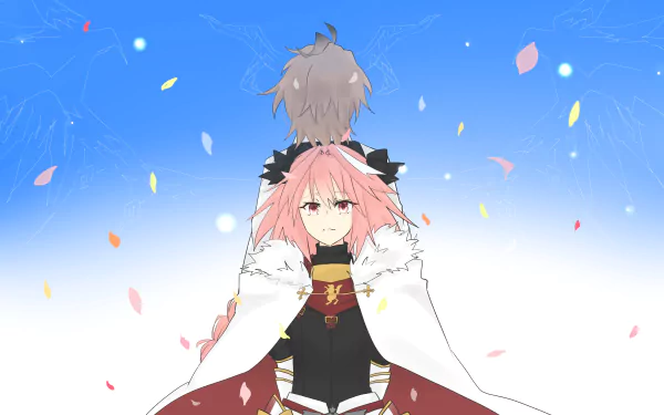HD PC desktop wallpaper featuring Astolfo and Sieg from Fate/Apocrypha in an anime-style scene with blue sky and falling petals.