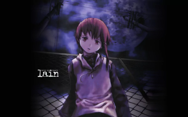 HD PC desktop wallpaper featuring Lain Iwakura from the anime Serial Experiments Lain, set against a dark, moody background with digital glitch effects.