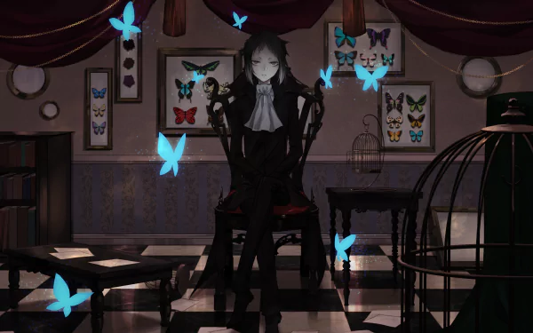 Dark-themed HD PC wallpaper featuring Ryūnosuke Akutagawa from the anime Bungou Stray Dogs, surrounded by glowing blue butterflies in a shadowy room.
