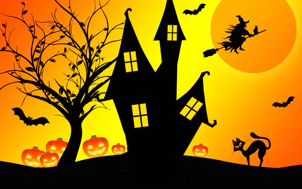 4K Ultra HD Halloween wallpaper featuring a silhouetted haunted house, a witch on a broomstick against a glowing moon, bats, a black cat, and glowing jack-o'-lanterns.
