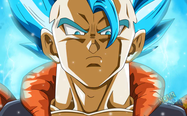 Gogeta from Dragon Ball Super in vibrant anime style, featured in a 4K Ultra HD PC desktop wallpaper with glowing blue energy and intense expression.