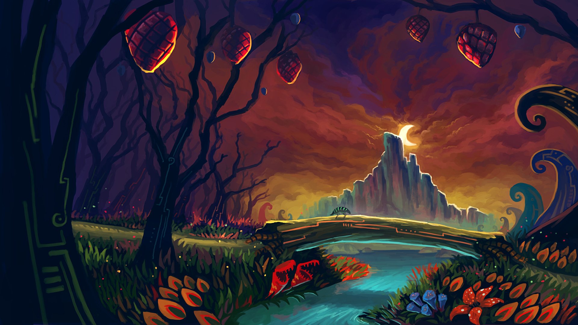 HD fantasy landscape wallpaper featuring a mystical river, twisted trees with glowing lanterns, and a towering mountain under a crescent moon at dusk.