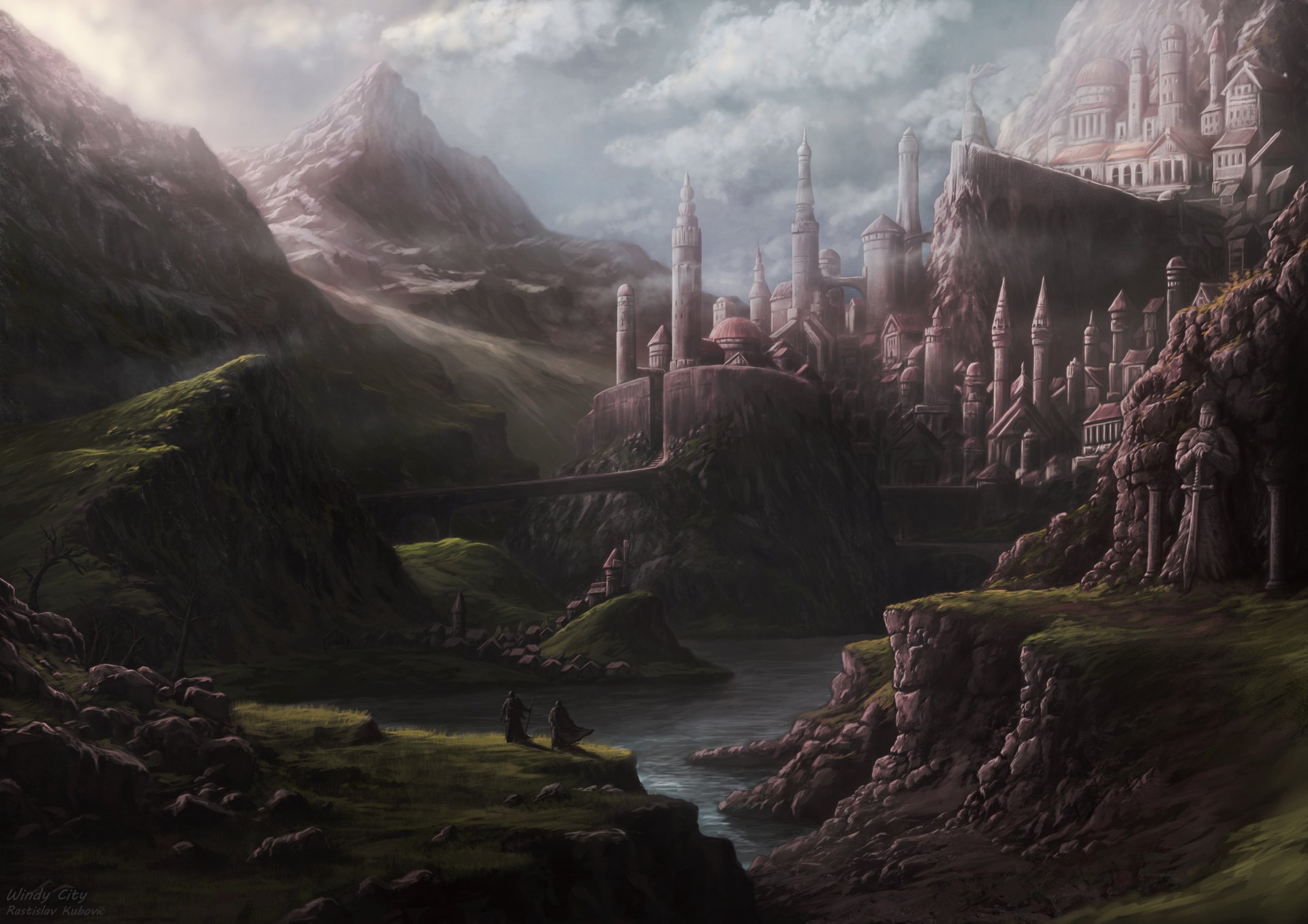 HD fantasy cityscape wallpaper showing a sprawling, mystical city with towering spires nestled in a foggy mountainous valley by a river.