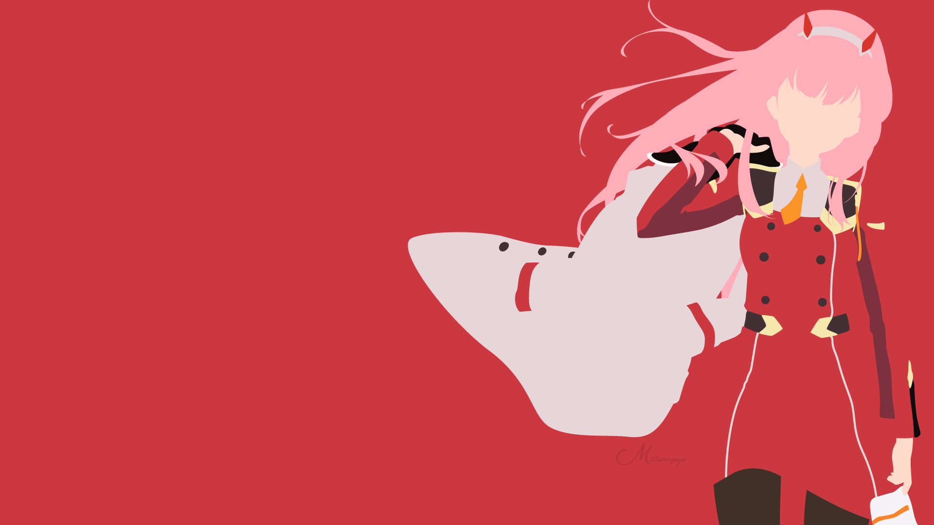 HD PC desktop wallpaper featuring Zero Two from the anime Darling in the FranXX, depicted with her signature pink hair and red outfit against a red background.