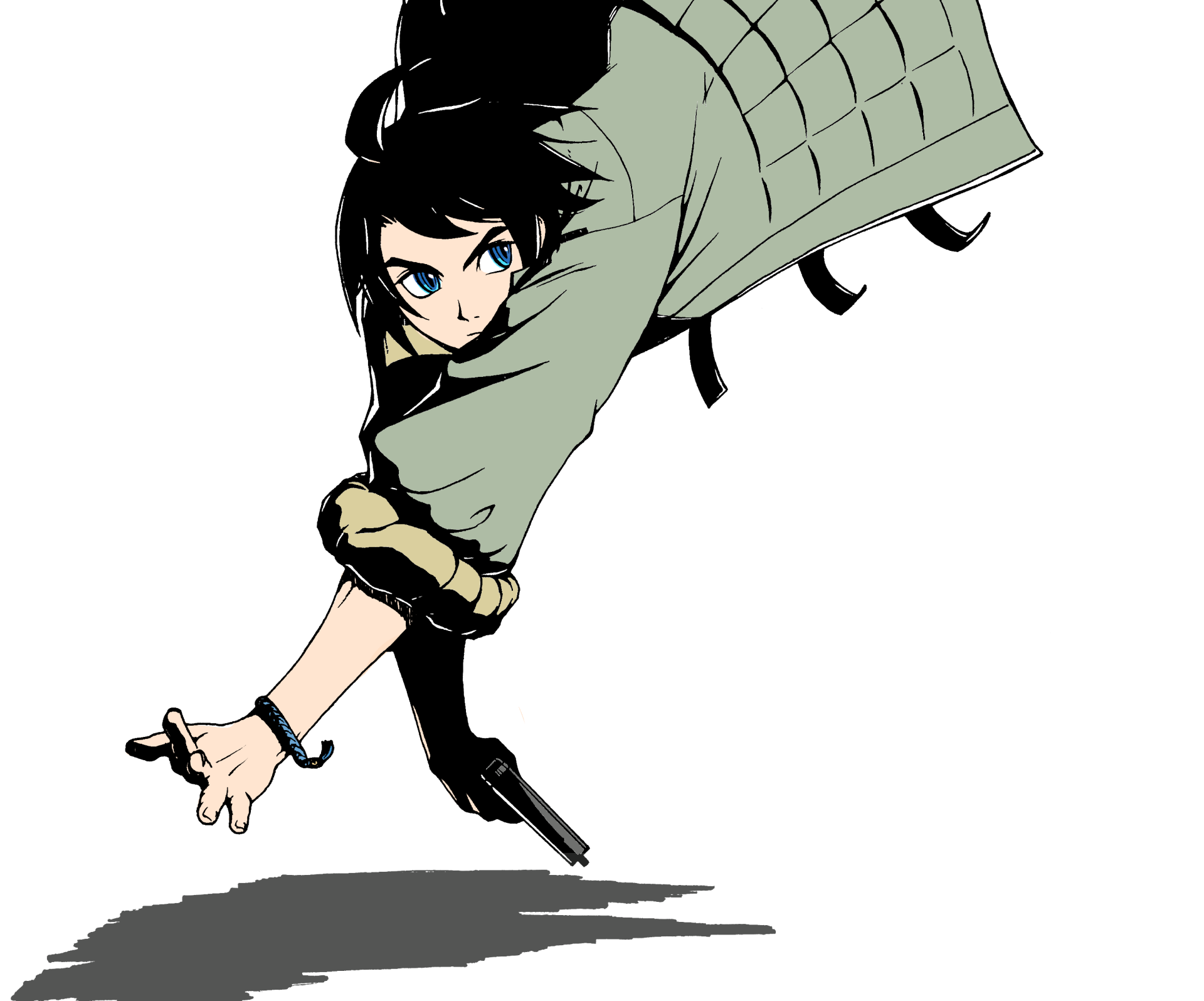 Mikazuki Augus (Mobile Suit Gundam: Iron-Blooded Orphans) in anime 2K Quad HD PC desktop wallpaper: crouching, reaching forward with handgun on white background.