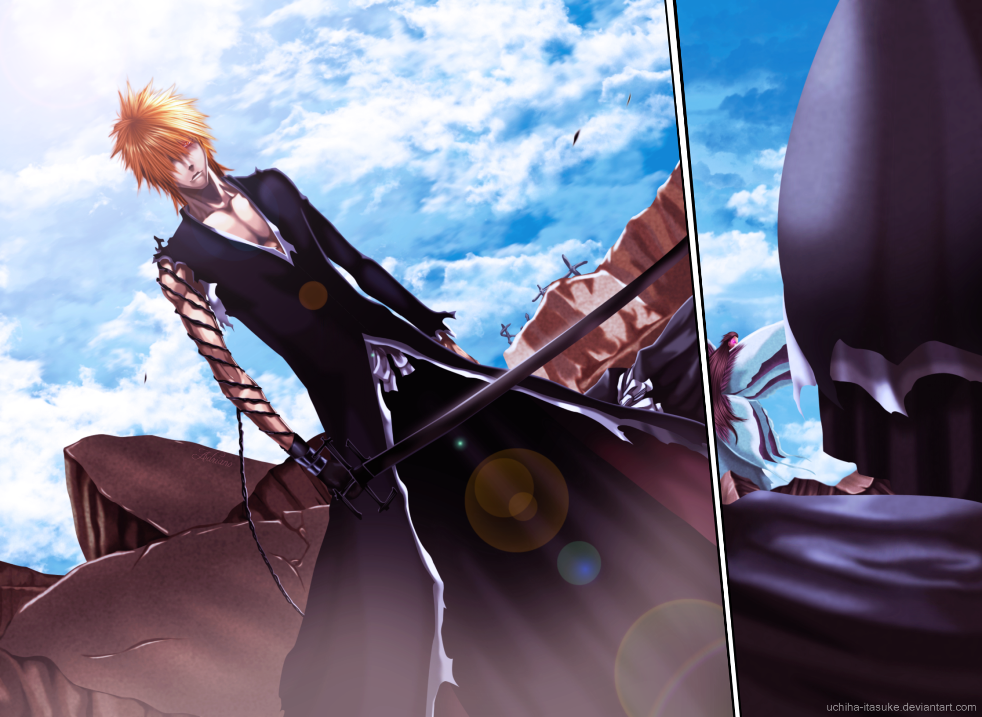 HD PC desktop wallpaper of Ichigo Kurosaki (Bleach): Ichigo in black shinigami robes, gripping his sword in a dramatic sky-lit pose with lens flare.