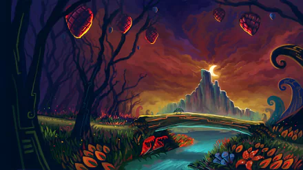 HD fantasy landscape wallpaper featuring a mystical river, twisted trees with glowing lanterns, and a towering mountain under a crescent moon at dusk.