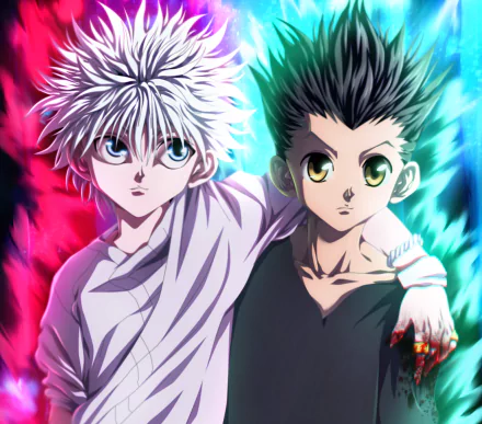 HD wallpaper featuring Gon Freecss and Killua Zoldyck from the anime Hunter x Hunter. The characters stand side by side, set against a vibrant background.