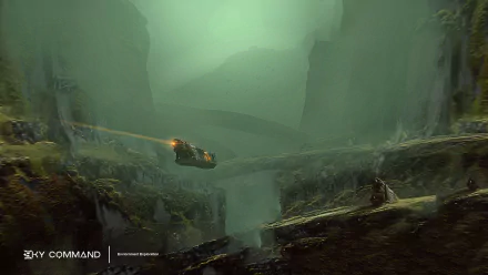 HD PC desktop wallpaper from the video game Sky Command: a gunship hovers and fires across a misty green canyon, dramatic cliffs framing a vast, atmospheric battlefield.