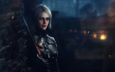HD wallpaper featuring Ciri from the video game The Witcher 3: Wild Hunt. She stands confidently in dark armor, holding a sword, with a dimly lit background.