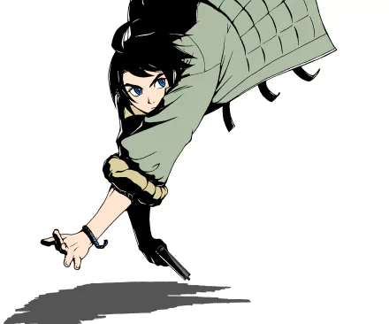 Mikazuki Augus (Mobile Suit Gundam: Iron-Blooded Orphans) in anime 2K Quad HD PC desktop wallpaper: crouching, reaching forward with handgun on white background.