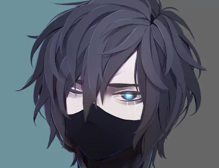 Anime original close-up of a masked figure with black hair, bright blue eyes and a scar over one eyebrow — 2K Quad HD PC desktop wallpaper and background.