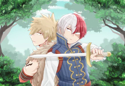 HD anime desktop wallpaper featuring Katsuki Bakugou and Shoto Todoroki from My Hero Academia, standing back-to-back in a lush forest setting.