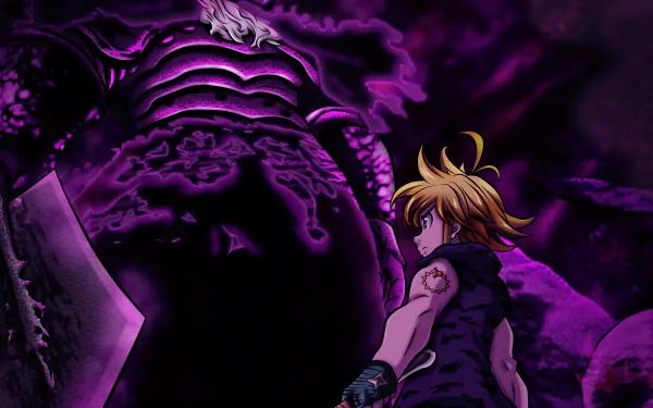 HD PC desktop wallpaper featuring Meliodas facing the menacing Demon King from the anime The Seven Deadly Sins, surrounded by intense purple and black energy.