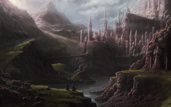 HD fantasy cityscape wallpaper showing a sprawling, mystical city with towering spires nestled in a foggy mountainous valley by a river.