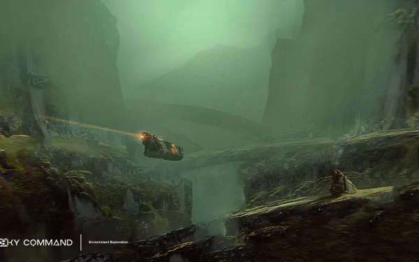 HD PC desktop wallpaper from the video game Sky Command: a gunship hovers and fires across a misty green canyon, dramatic cliffs framing a vast, atmospheric battlefield.
