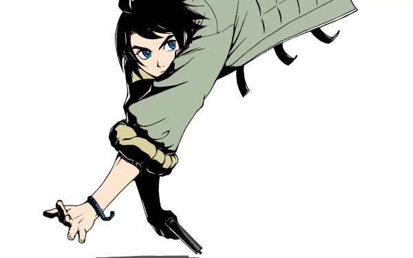 Mikazuki Augus (Mobile Suit Gundam: Iron-Blooded Orphans) in anime 2K Quad HD PC desktop wallpaper: crouching, reaching forward with handgun on white background.