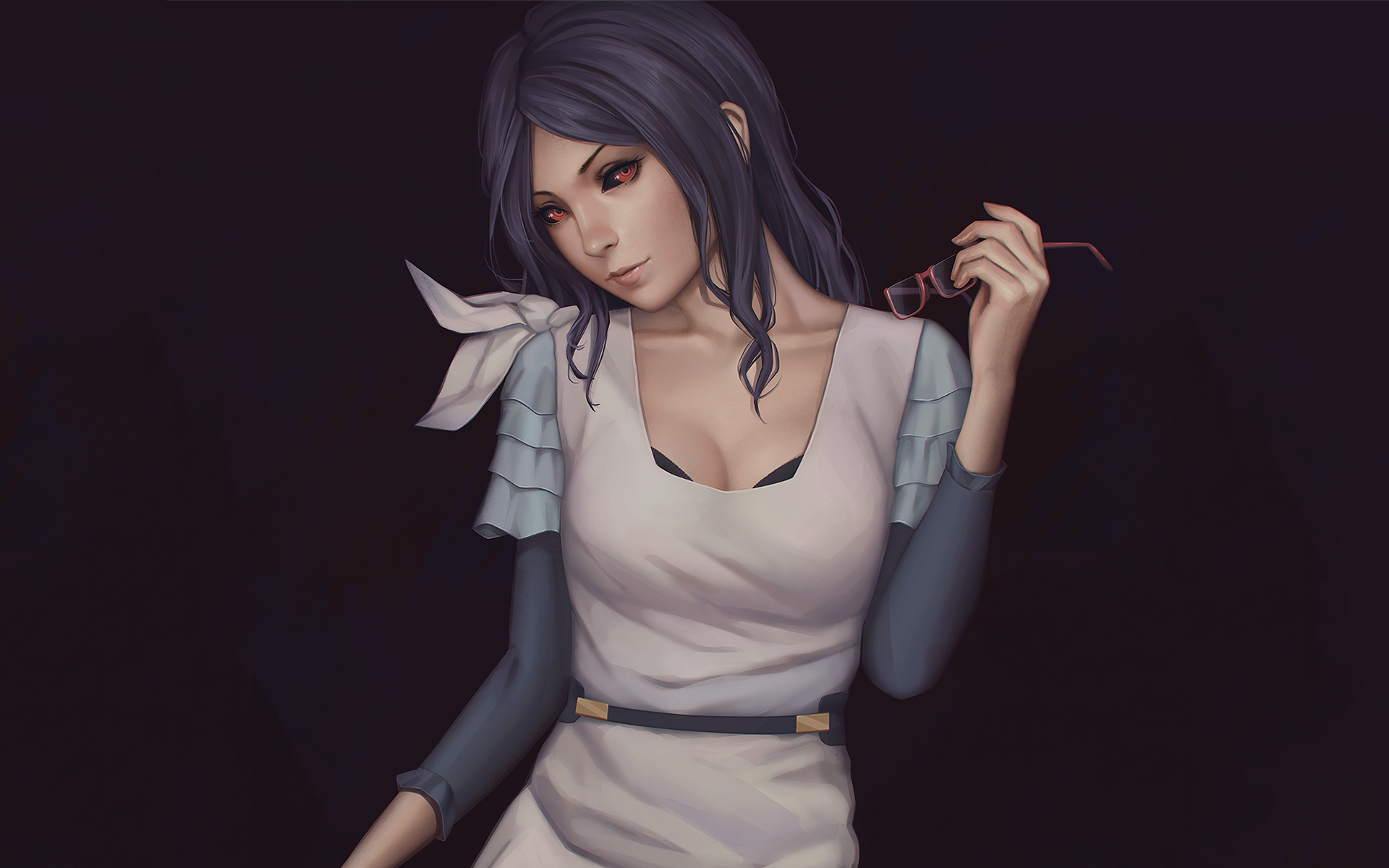 HD PC desktop wallpaper featuring Rize Kamishiro from the anime Tokyo Ghoul, depicted with dark hair, red eyes, and holding a red thread against a dark background.