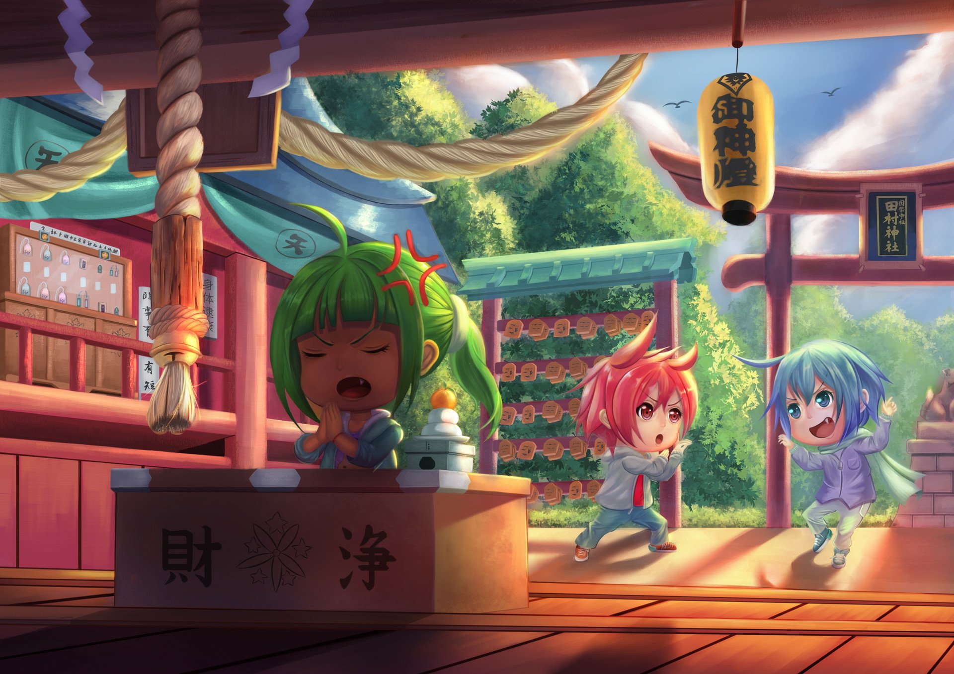 Chibi anime characters at a vibrant shrine and temple setting, captured in a colorful HD desktop wallpaper with original artwork.