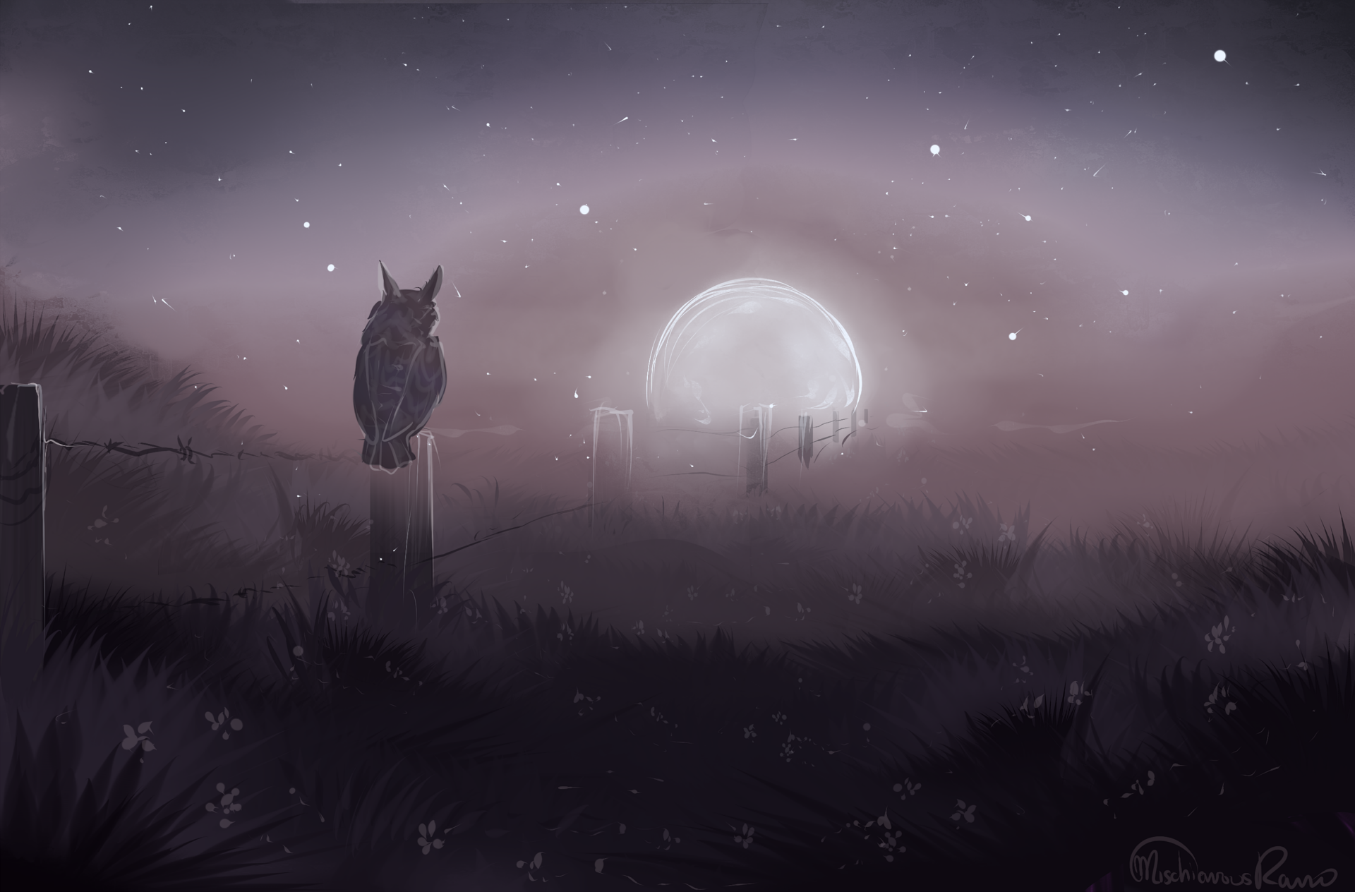 2K Quad HD fantasy PC wallpaper: a solitary owl perched on a stone pillar overlooking a misty moonlit landscape with distant ruined spires and drifting stars.