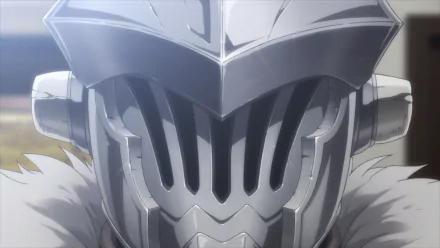 Close-up of Goblin Slayer's armored helmet from the anime, detailed HD PC desktop wallpaper/background showing metallic visor and fur-trimmed collar.