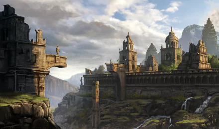 HD fantasy PC desktop wallpaper featuring ancient stone ruins set against a dramatic sky, with towering structures and lush greenery in a mystical landscape.