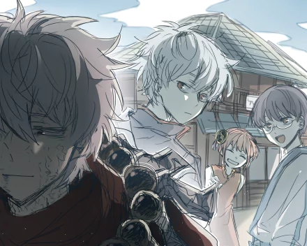 HD PC desktop wallpaper featuring anime characters Shimura Shinpachi, Kagura, and Gintoki Sakata from Gintama in a dynamic group scene.