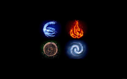 4K Ultra HD desktop wallpaper featuring glowing elemental symbols from Avatar: The Last Airbender, representing water, fire, earth, and air in vibrant anime style.