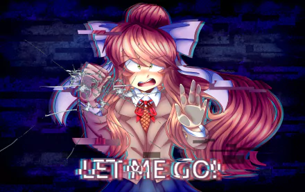 HD PC desktop wallpaper featuring Monika from Doki Doki Literature Club! with a glitch effect and the text LET ME GO! against a dark, textured background.