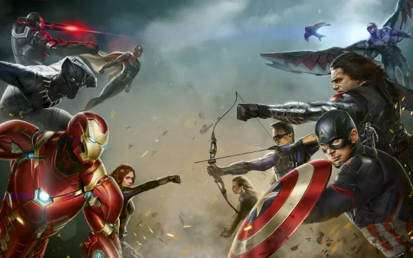 Epic 8K Ultra HD wallpaper featuring Marvel heroes from Captain America: Civil War, including Iron Man, Captain America, Black Panther, Falcon, Black Widow, Hawkeye, War Machine, Winter Soldier, Vision, and Sharon Carter.