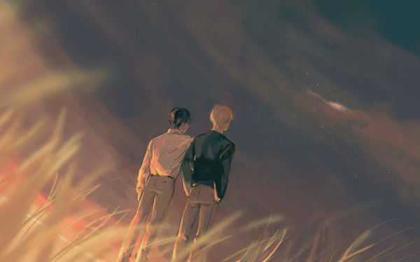 Anime characters Eiji Okumura and Ash Lynx stand together in a field under a twilight sky in this HD Banana Fish wallpaper background.