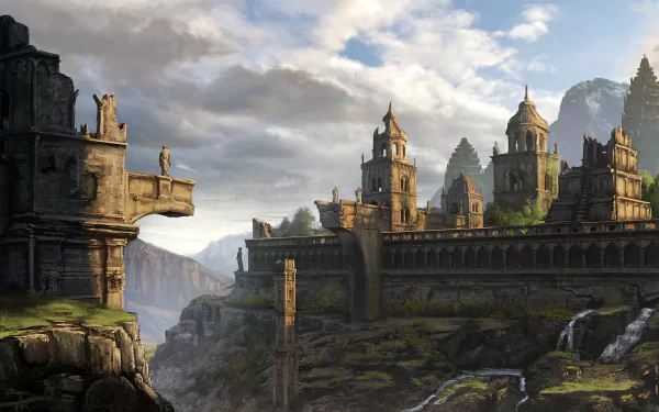HD fantasy PC desktop wallpaper featuring ancient stone ruins set against a dramatic sky, with towering structures and lush greenery in a mystical landscape.