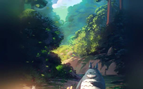 Totoro from My Neighbor Totoro stands by a sunlit forest pool beside a path, lush trees and dappled light — anime 4K Ultra HD PC desktop wallpaper.
