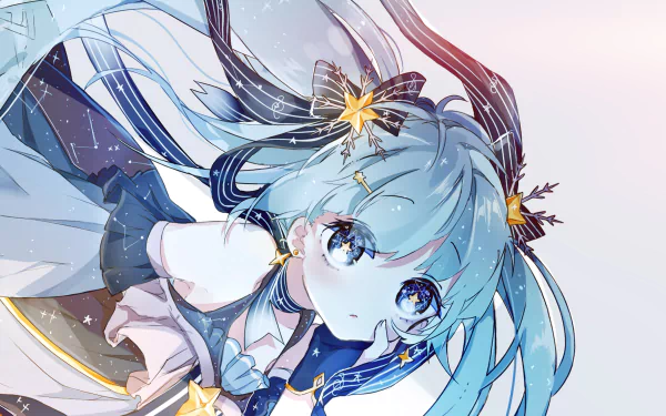 A 4K Ultra HD anime wallpaper of Yuki Miku with blue hair and blue eyes, styled in a Vocaloid design featuring delicate accessories and a serene expression.