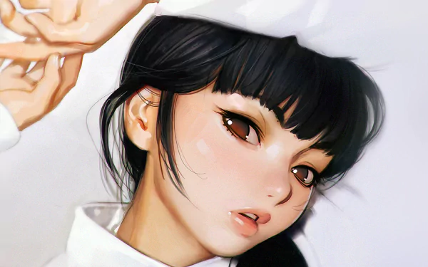 HD desktop wallpaper of an original anime character with black hair and red eyes, featuring a close-up view of the character's face.