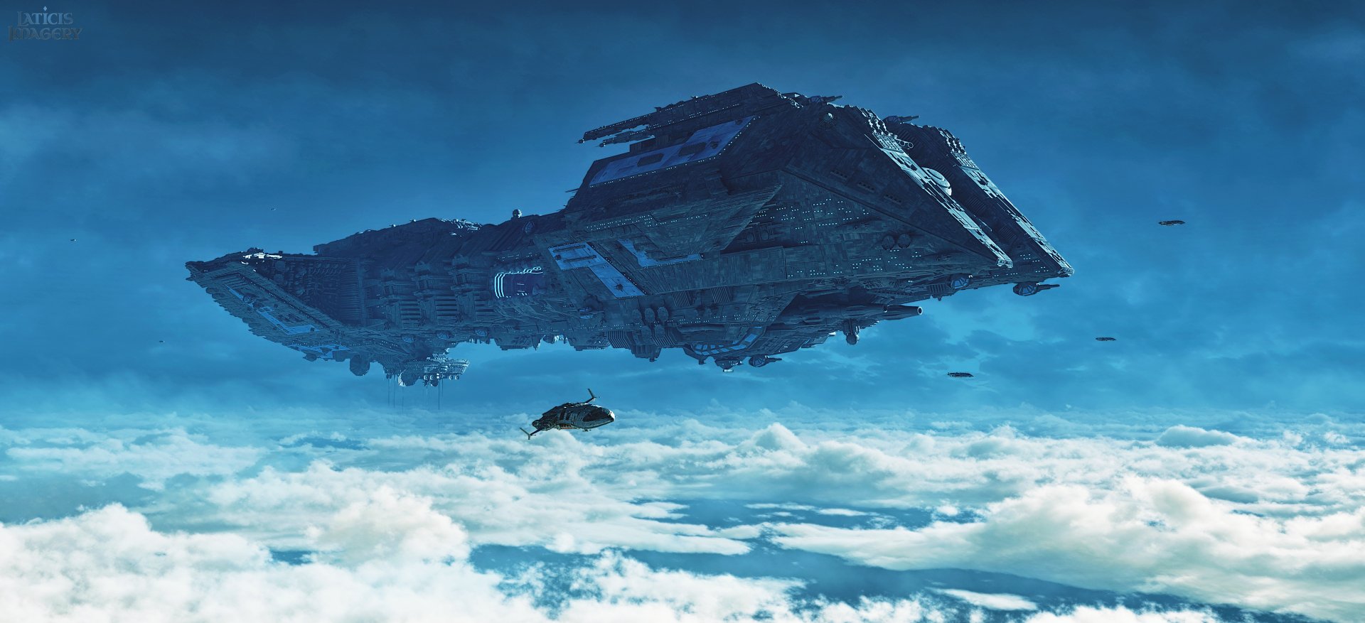 A colossal sci-fi spaceship hovers above a cloud-covered planet, depicted in stunning 4K Ultra HD for a dramatic PC desktop wallpaper background.