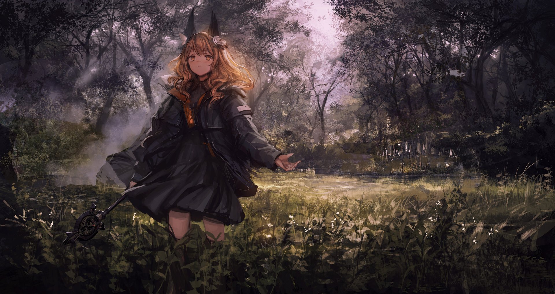 An anime character with long brown hair and brown eyes stands in a lush, green forest, surrounded by flowers, wearing a dark outfit and holding a staff. An enchanting HD wallpaper background.