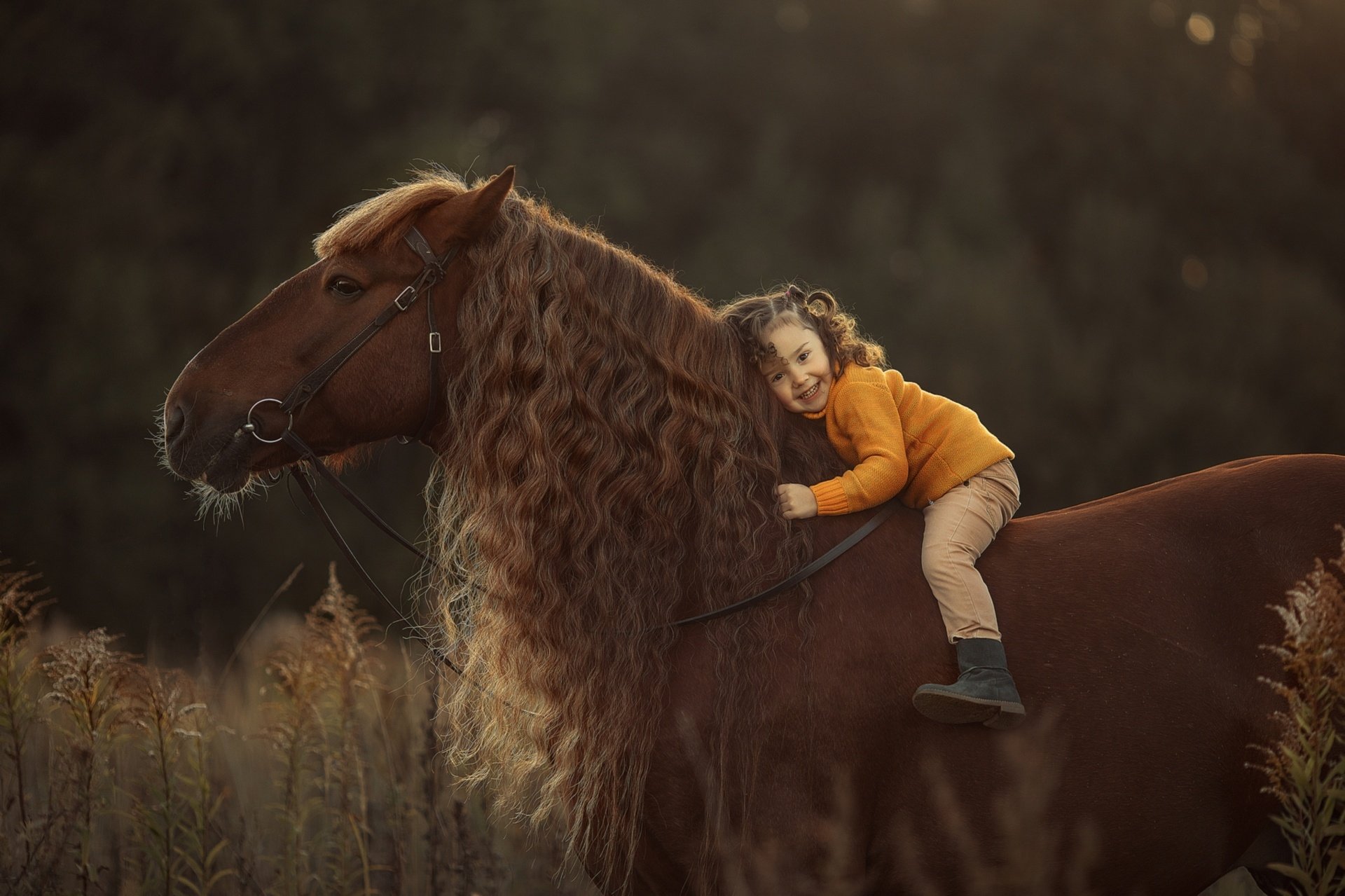 HD desktop wallpaper featuring a little girl in an orange sweater gently hugging a large brown horse, capturing a warm, tender moment in child photography.
