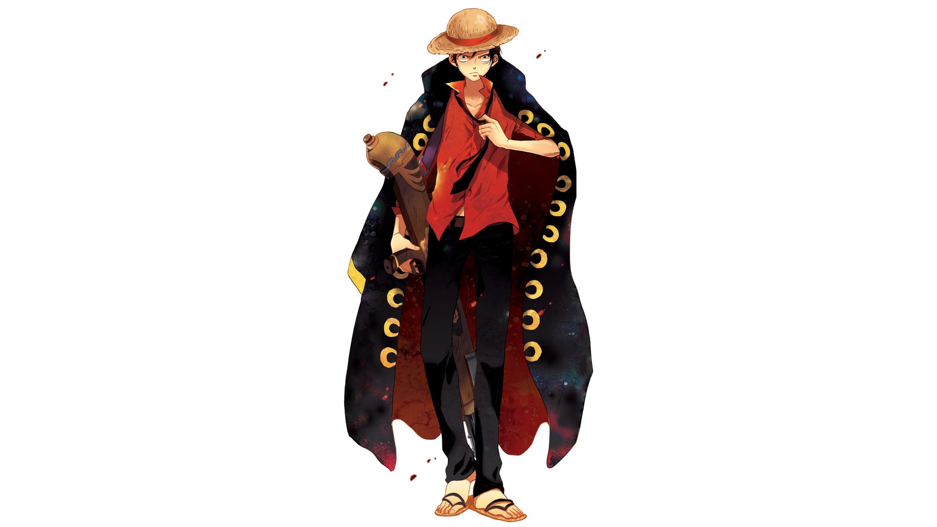 HD desktop wallpaper featuring Monkey D. Luffy from the anime One Piece, showcasing him in his iconic straw hat, red vest, and black cloak adorned with yellow crescents.