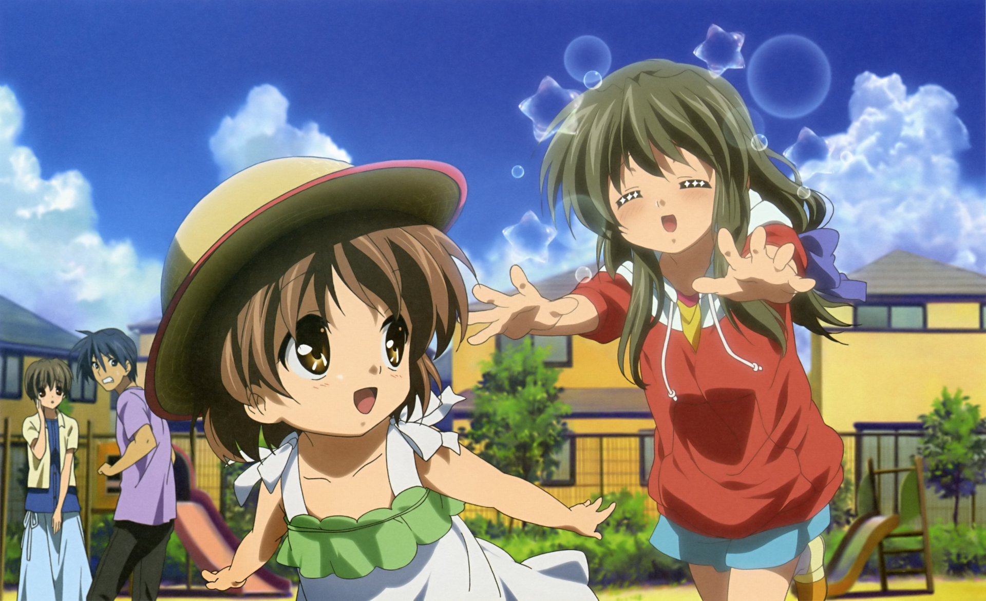 HD anime wallpaper featuring Fuuko Ibuki, Kouko Ibuki, Tomoya Okazaki, and Ushio Okazaki from Clannad, set against a bright, sunny outdoor background.