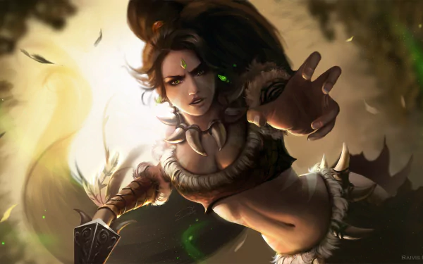 Nidalee (League of Legends) in a dynamic tribal battle pose, spear raised, glowing eyes and fanged necklace, jungle lighting — HD PC desktop wallpaper/background, video game artwork.