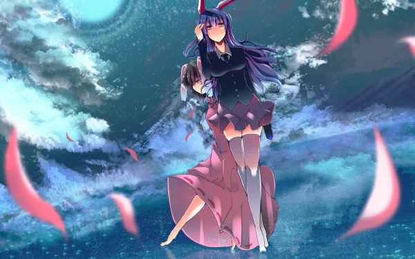 HD anime desktop wallpaper featuring Reisen Udongein Inaba and Tewi Inaba from Touhou, set against a vibrant celestial sky with moons and glowing clouds.