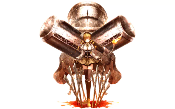 Mami Tomoe from Puella Magi Madoka Magica stands confidently with large muskets crossed behind her in this detailed 4K Ultra HD anime desktop wallpaper.