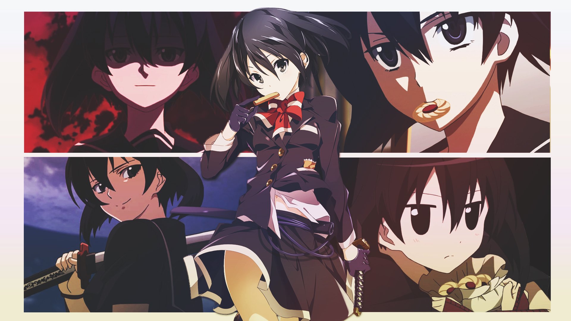 HD desktop wallpaper featuring Kurome from Akame Ga Kill! in various poses and expressions, with a collage-style background.