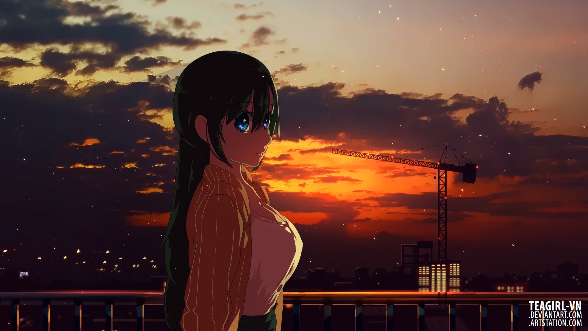 Anime-style HD desktop wallpaper featuring a girl with long hair and blue eyes against a city skyline at sunset with clouds and construction cranes.