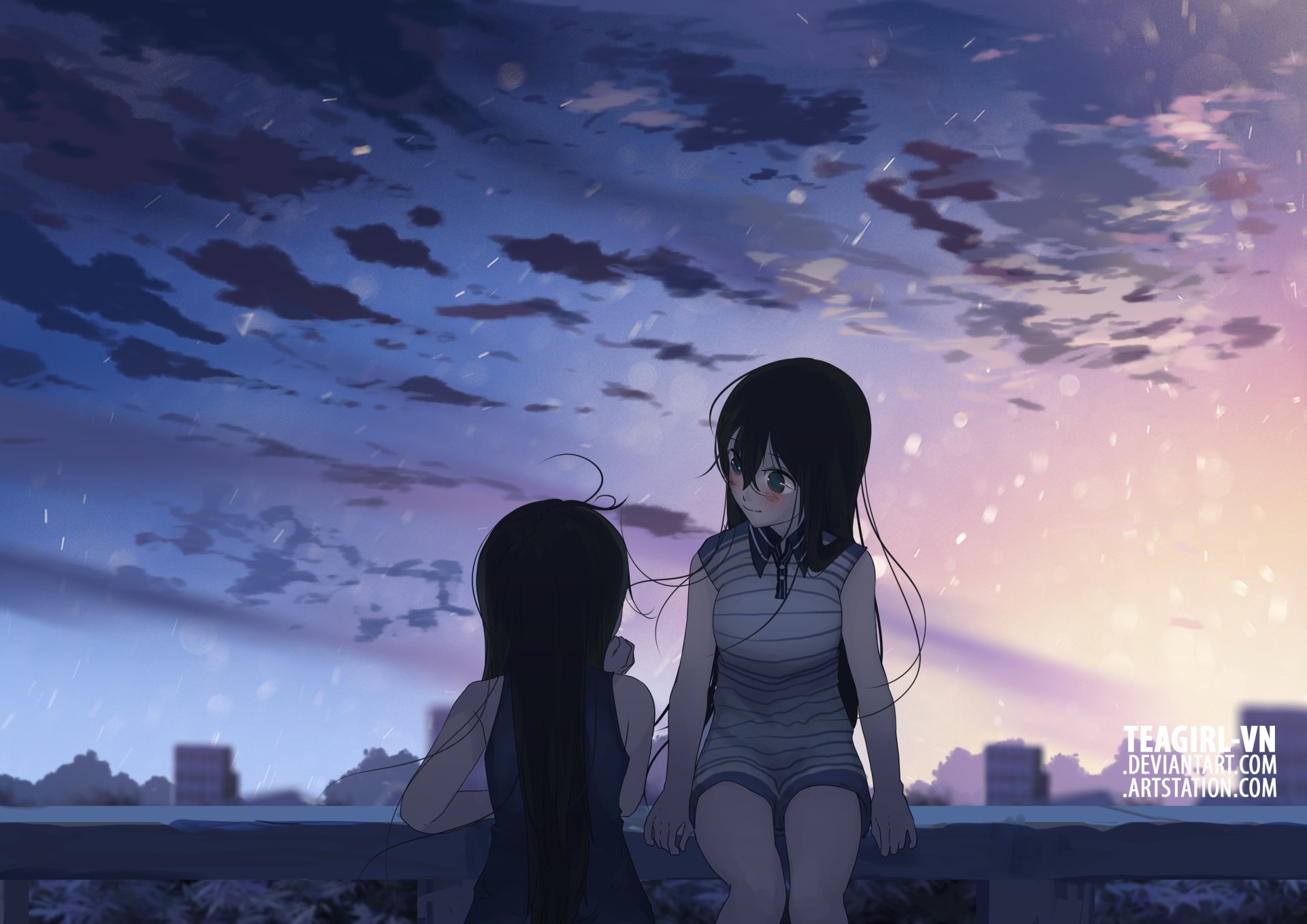 Download Cloud Evening Roof Anime Original HD Wallpaper by Tea Girl