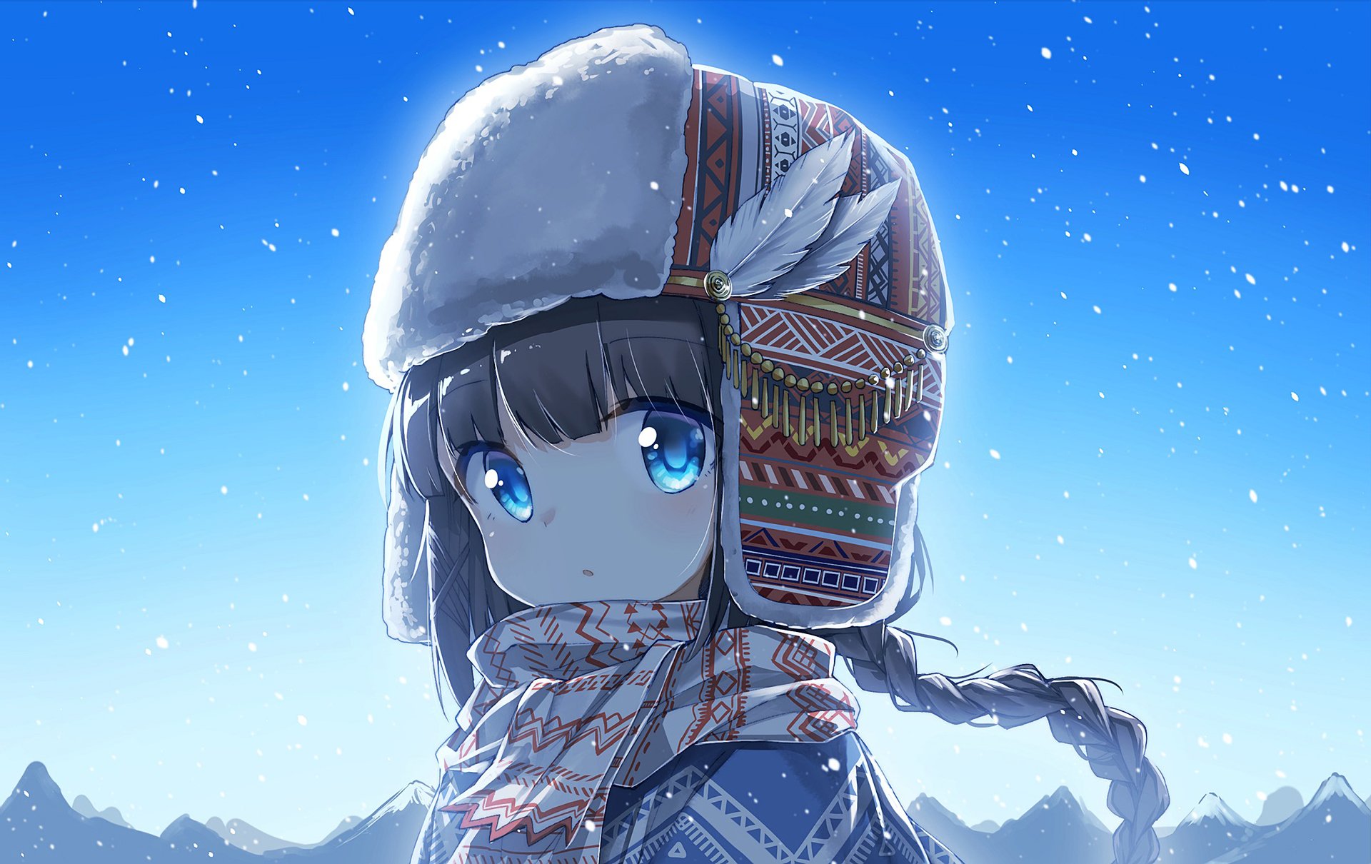 Anime-style original HD desktop wallpaper featuring a girl with blue eyes wearing a detailed winter hat and scarf against a snowy mountain backdrop.